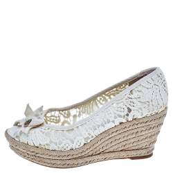 Pre Owned حذاء كعب عالي توري برش جاكي دانتيل بيج مزين فيونكة مقدمة مفتوحة كعب روكي إسبادريل مقاس 37.5