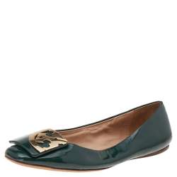 Pre Owned Tory Burch Green Patent Leather Square Toe Flats Size 37.5