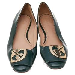 Pre Owned Tory Burch Green Patent Leather Square Toe Flats Size 37.5