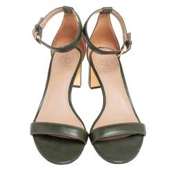 Pre Owned Tory Burch Green Leather Block Heel Ankle Strap Sandals Size 37.5