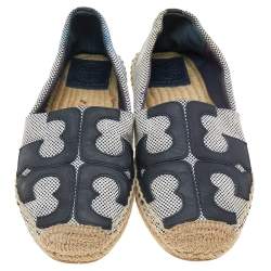 Tory Burch Black/White Canvas And Leather Logo Lonnie Espadrilles Flats Size 37