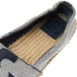 Tory Burch Black/White Canvas And Leather Logo Lonnie Espadrilles Flats Size 37