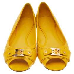 Pre Owned Tory Burch Yellow Leather Cline Peep Toe Ballet Flats Size 40.5