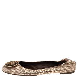مملوكة مسبقًا Tory Burch Beige Snakeskin Embossed Leather Reva Pebbled Logo Ballerina Flats Size 41
