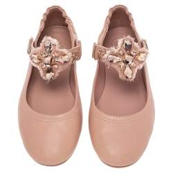 مملوكة مسبقًا حذاء باليرينا فلات توري برش جلد بيج مزخرف بحزام مقاس 36.5