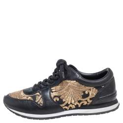 Pre Owned Tory Burch Black Leather and Brocade Fabric Brielle Sneakers Size 36