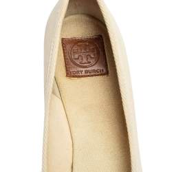 Tory Burch White Canvas Jackie Wedge Pumps Size 38.5