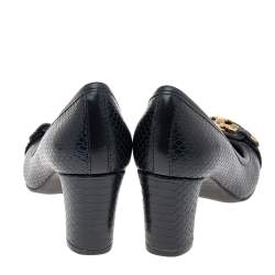 Pre Owned Tory Burch Navy Blue Python Embossed Leather Signature Logo Block Heel Pumps Size 36