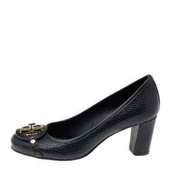 Pre Owned Tory Burch Navy Blue Python Embossed Leather Signature Logo Block Heel Pumps Size 36