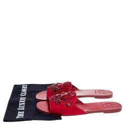 Pre Owned Tory Burch Red Satin Embellished Flat Slides Size 37