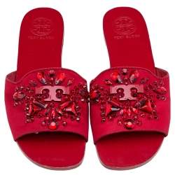 Pre Owned Tory Burch Red Satin Embellished Flat Slides Size 37