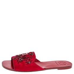 Pre Owned Tory Burch Red Satin Embellished Flat Slides Size 37