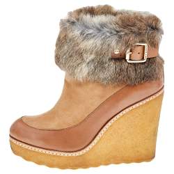 Tory Burch Tan Leather, Suede And Fur Wedge Ankle Boots Size 37