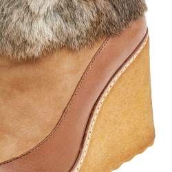 Tory Burch Tan Leather, Suede And Fur Wedge Ankle Boots Size 37