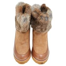 Tory Burch Tan Leather, Suede And Fur Wedge Ankle Boots Size 37