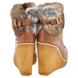 Tory Burch Tan Leather, Suede And Fur Wedge Ankle Boots Size 37