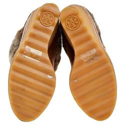 Tory Burch Tan Leather, Suede And Fur Wedge Ankle Boots Size 37