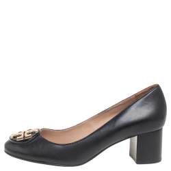 Pre Owned حذاء كعب عالي توري برش جاني جلد أسود كعب سميك مقاس 35