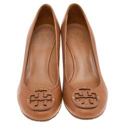 Tory Burch Brown Leather Sally Wedge Pumps Size 38