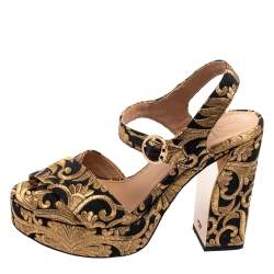 Pre Owned Tory Burch Black/Gold Brocade Fabric Loretta Sandals Size 38.5