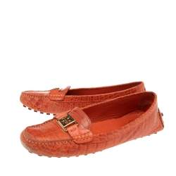 Pre Owned Tory Burch Orange Croc Embossed Leather Driver Loafers Size 39
