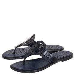Pre Owned Tory Burch Black/Blue Leather Miller Flat Thong Sandals Size 35