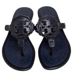 Pre Owned Tory Burch Black/Blue Leather Miller Flat Thong Sandals Size 35