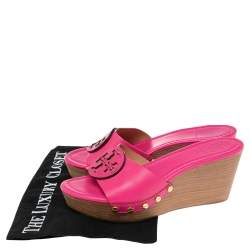 مملوكة مسبقًا Tory Burch Pink Leather Patty Wedge Slide Sandals Size 37.5