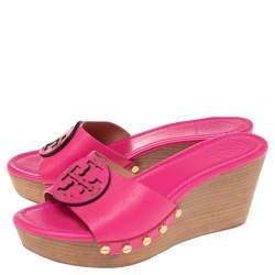 مملوكة مسبقًا Tory Burch Pink Leather Patty Wedge Slide Sandals Size 37.5