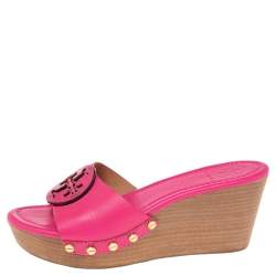 مملوكة مسبقًا Tory Burch Pink Leather Patty Wedge Slide Sandals Size 37.5