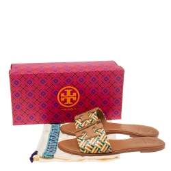 مملوكة مسبقًا حذاء فلات سلايد توري برش كارمن جلد ورافيا مجعد متعدد الألوان مقاس 38.5