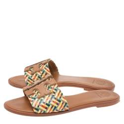 مملوكة مسبقًا حذاء فلات سلايد توري برش كارمن جلد ورافيا مجعد متعدد الألوان مقاس 38.5