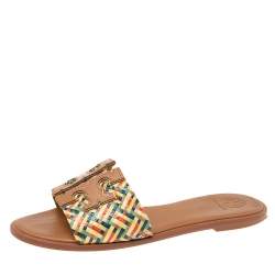 مملوكة مسبقًا حذاء فلات سلايد توري برش كارمن جلد ورافيا مجعد متعدد الألوان مقاس 38.5