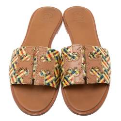 مملوكة مسبقًا حذاء فلات سلايد توري برش كارمن جلد ورافيا مجعد متعدد الألوان مقاس 38.5