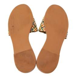 مملوكة مسبقًا حذاء فلات سلايد توري برش كارمن جلد ورافيا مجعد متعدد الألوان مقاس 38.5