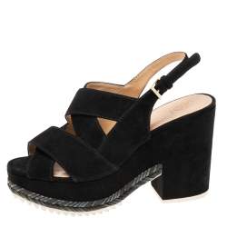 Pre Owned Tory Burch Black Suede  Espadrille Platform Ankle Strap Sandals Size 39