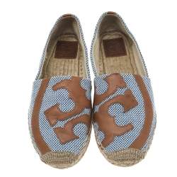 Pre Owned Tory Burch Blue/Brown Canvas And Leather Lonnie Espadrille Flats Size 39.5
