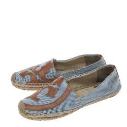 Pre Owned Tory Burch Blue/Brown Canvas And Leather Lonnie Espadrille Flats Size 39.5