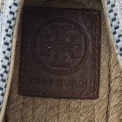 Pre Owned Tory Burch Blue/Brown Canvas And Leather Lonnie Espadrille Flats Size 39.5