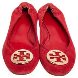 Pre Owned Tory Burch Red Suede Minnie Scrunch Ballet Flats Size 39