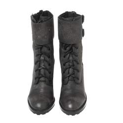 Pre Owned Tory Burch Black Leather Broome Combat Boots Size 37.5