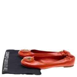 Pre Owned Tory Burch Orange Patent Leather Reva Scrunch Ballet Flats Size 37.5