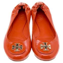 Pre Owned Tory Burch Orange Patent Leather Reva Scrunch Ballet Flats Size 37.5
