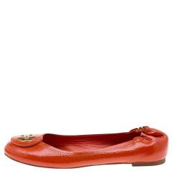 Pre Owned Tory Burch Orange Patent Leather Reva Scrunch Ballet Flats Size 37.5