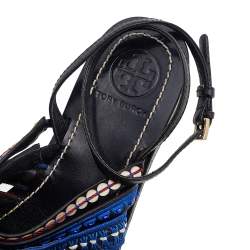 Pre Owned Tory Burch Black Leather Embroidered Strappy Flat Sandals Size 38