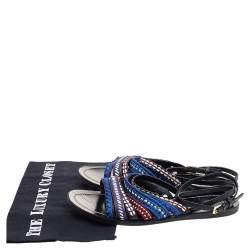 Pre Owned Tory Burch Black Leather Embroidered Strappy Flat Sandals Size 38