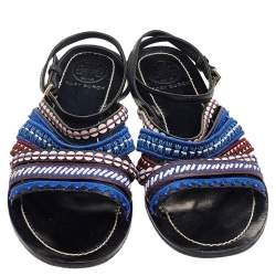 Pre Owned Tory Burch Black Leather Embroidered Strappy Flat Sandals Size 38