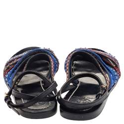 Pre Owned Tory Burch Black Leather Embroidered Strappy Flat Sandals Size 38