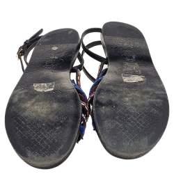 Pre Owned Tory Burch Black Leather Embroidered Strappy Flat Sandals Size 38