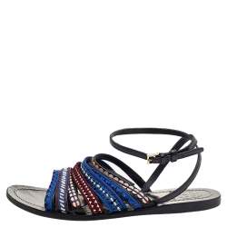 Pre Owned Tory Burch Black Leather Embroidered Strappy Flat Sandals Size 38